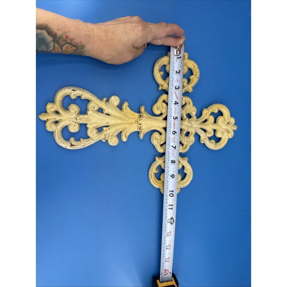 Shabby Chic Cast Iron Hanging Wall Cross Decor Cream Off White Distressed Finish